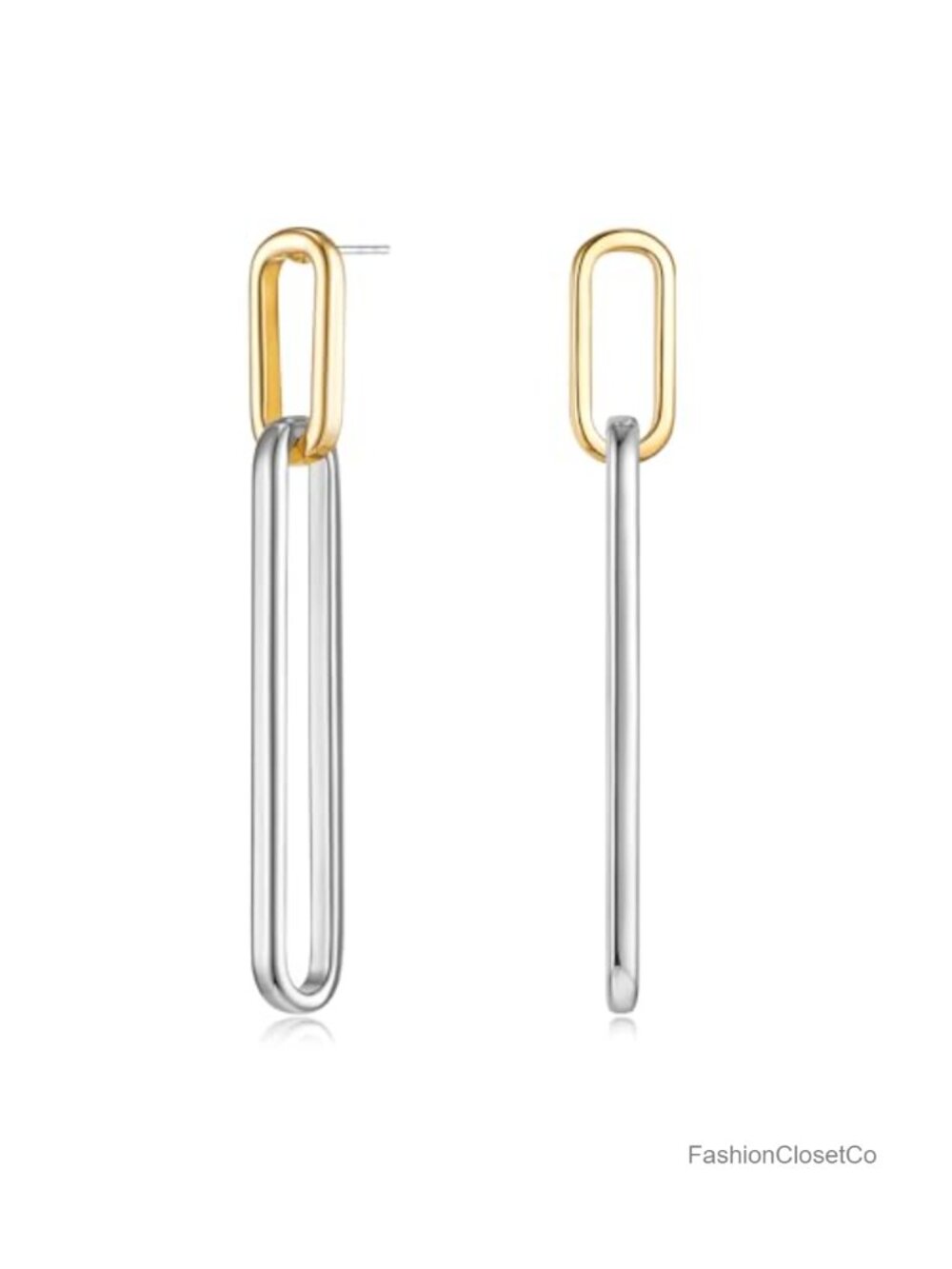Long Link Drop Earrings Gold Silver Two Tone Minimalist Jewelry